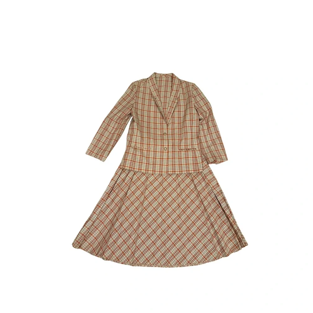 Vtg 80s Plaid Skirt Suit Set Orange Tan Blazer A-Line Midi Skirt Retro 2 Piece M
